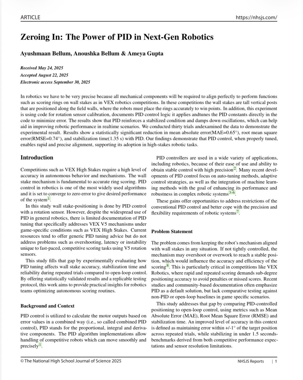First page of the peer-reviewed article 'Zeroing In: The Power of PID in Next-Gen Robotics' by Ayushmaan Bellum et al., published in the National High School Journal of Science, 2025